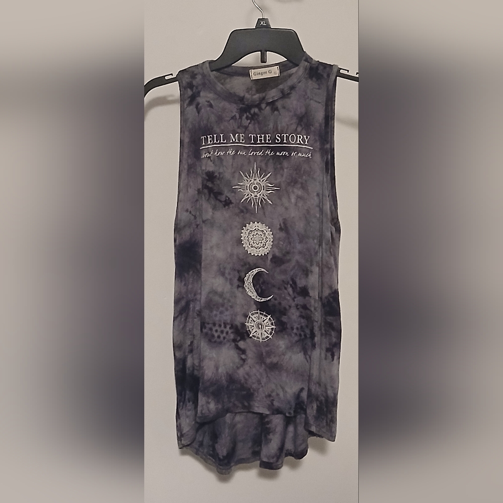 *SALE* Women's Ginger G Gray Tie-Dye Hippie Sleeveless Top Celestial Design Sz L